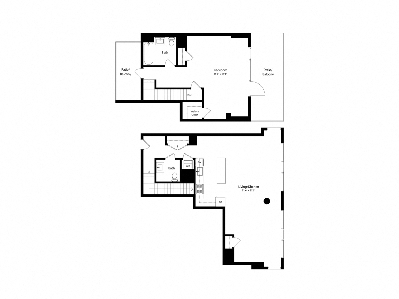 Floor plan for 1 bed, 1.5 baths, 1557 sqft