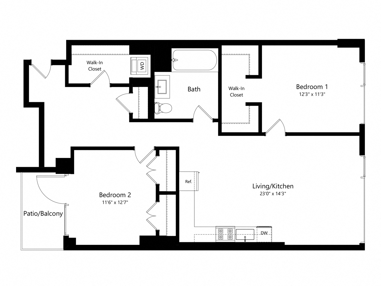 Floor plan for 2 beds, 1 bath, 1024 sqft