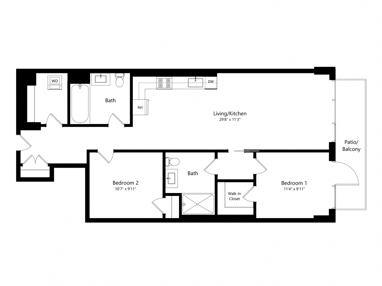 Floor plan for 2 beds, 2 baths, 1052 sqft