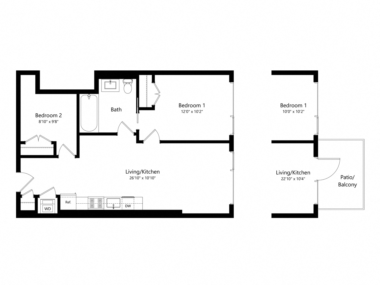 Floor plan for 2 beds, 1 bath, 750 sqft