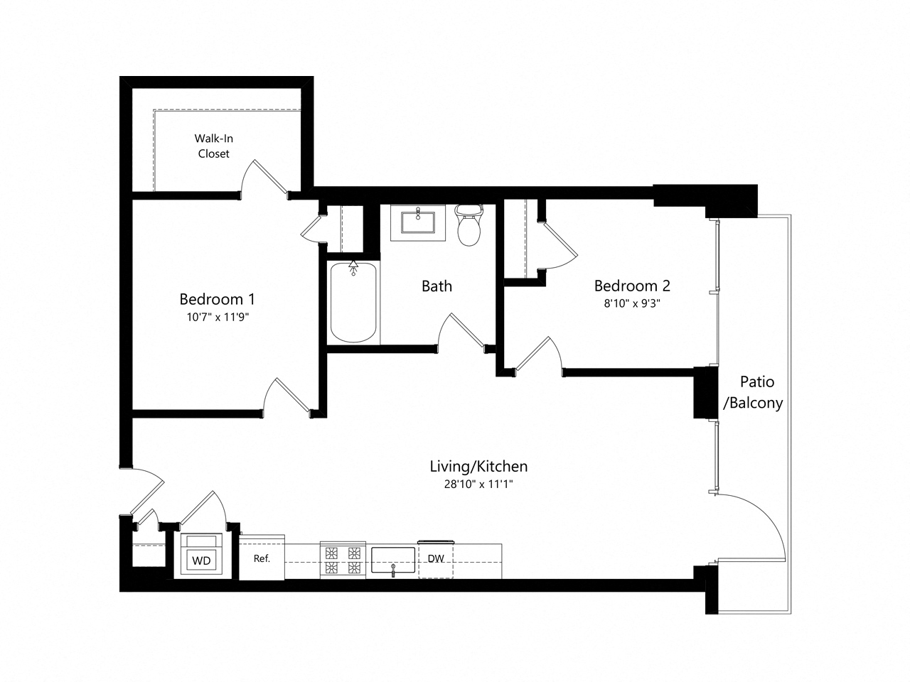 Floor plan for 2 beds, 1 bath, 835 sqft
