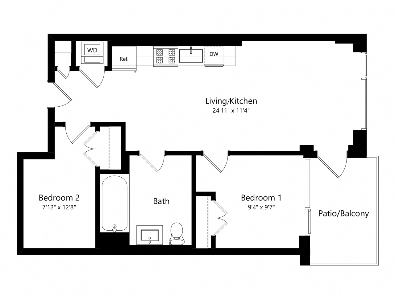 Floor plan for 2 beds, 1 bath, 712 sqft