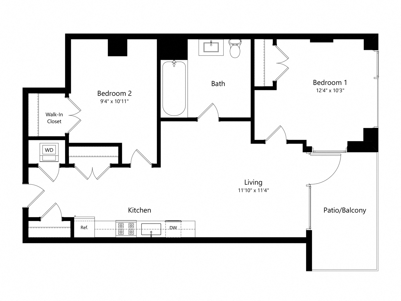 Floor plan for 2 beds, 1 bath, 716 sqft