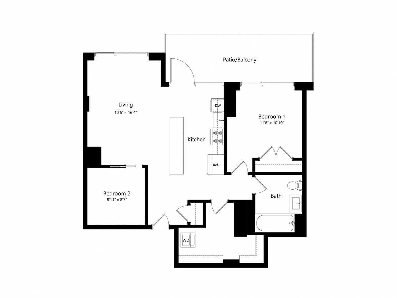 Floor plan for 1 bed, 1 bath, 855 sqft