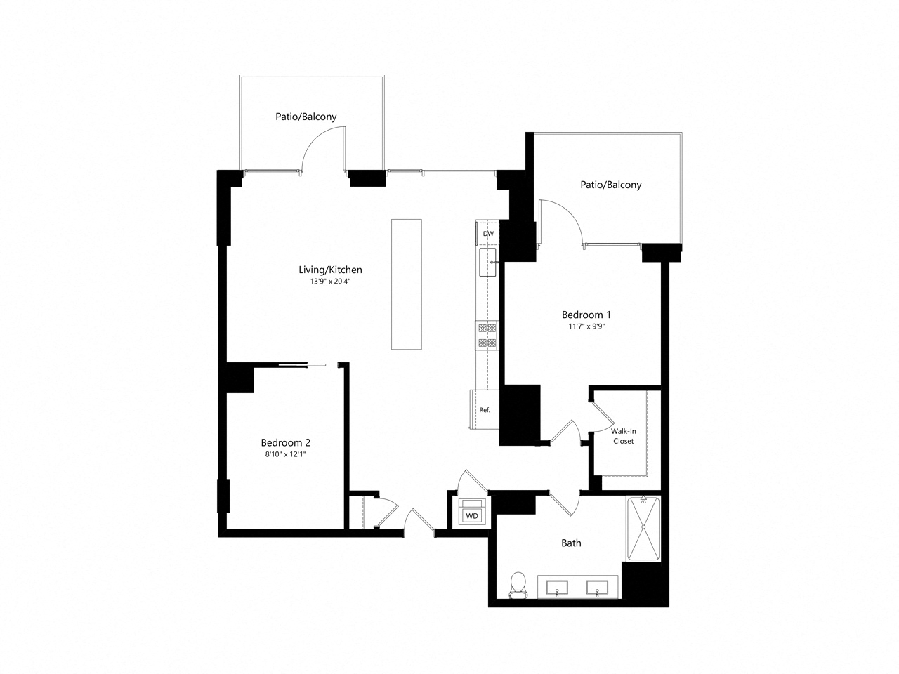 Floor plan for 1 bed, 1 bath, 914 sqft