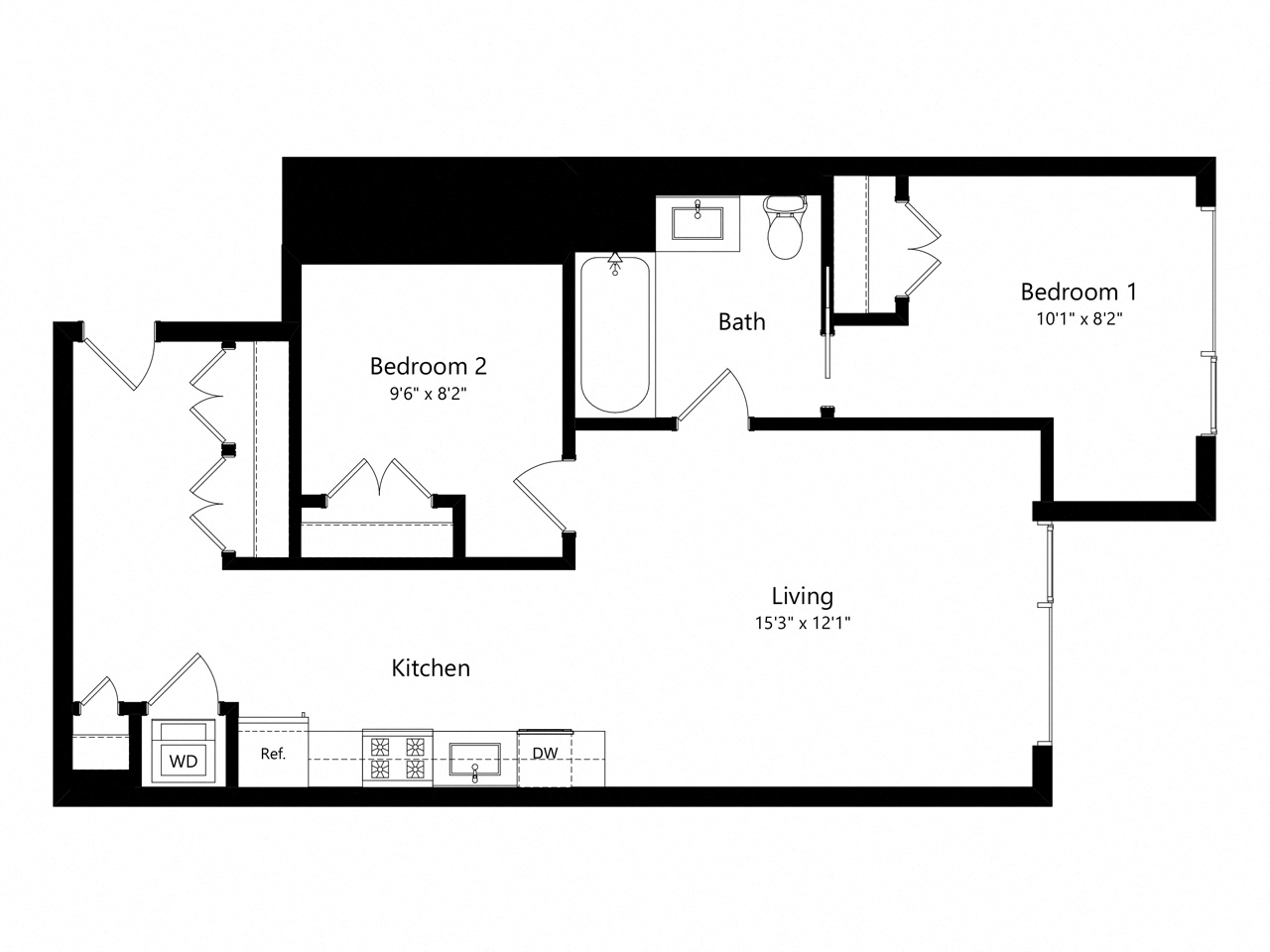 Floor plan for 2 beds, 1 bath, 776 sqft