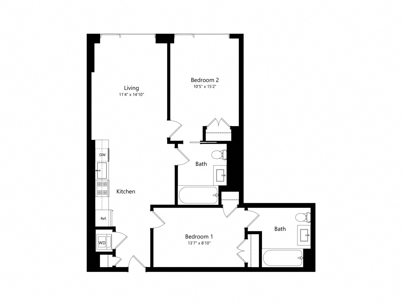 Floor plan for 2 beds, 2 baths, 878 sqft