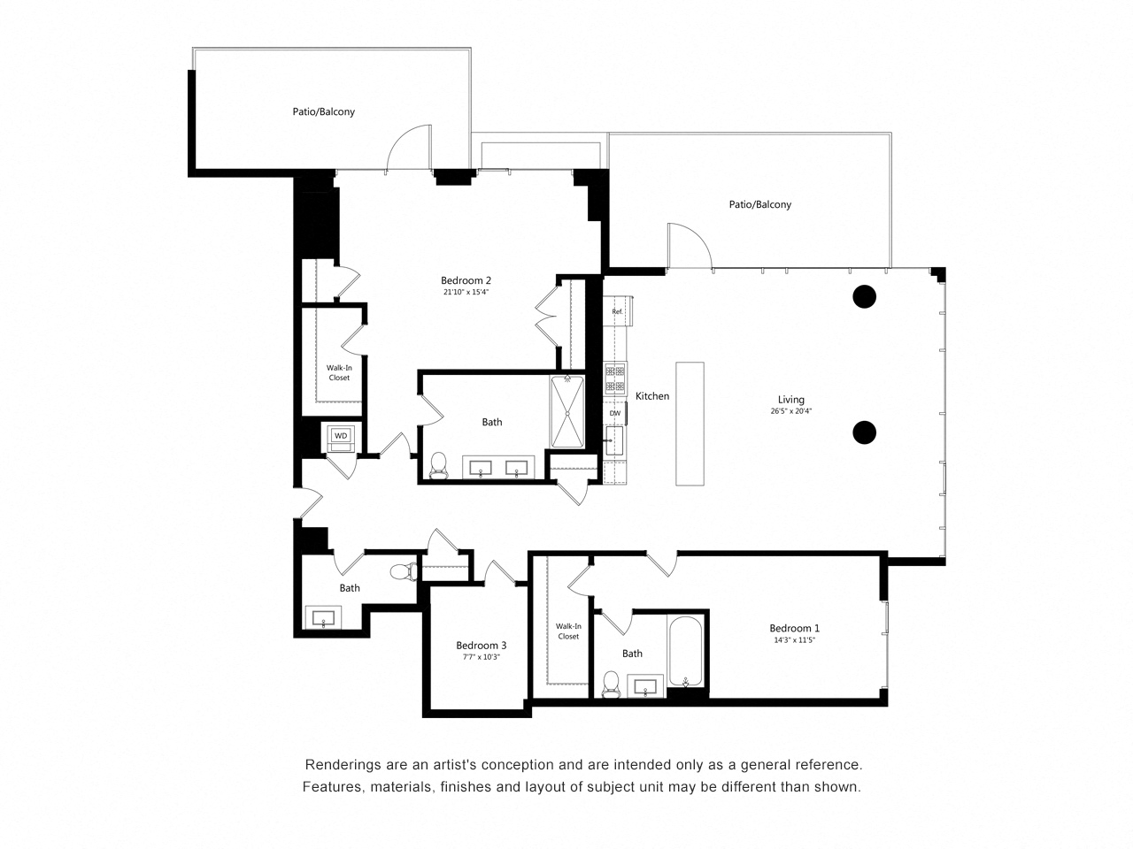 Floor plan for 2 beds, 2.5 baths, 1839 sqft