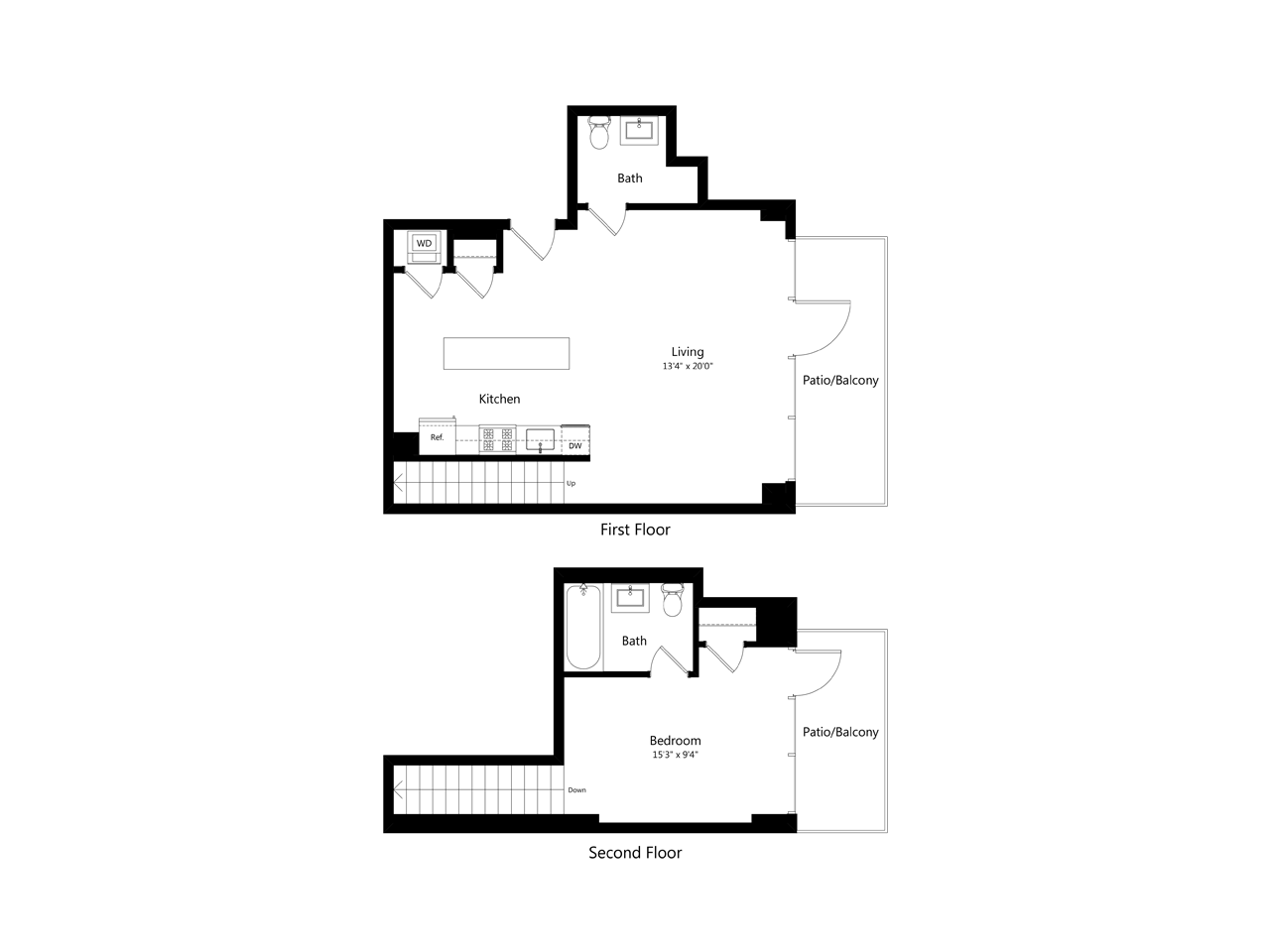 Floor plan for 1 bed, 1.5 baths, 957 sqft
