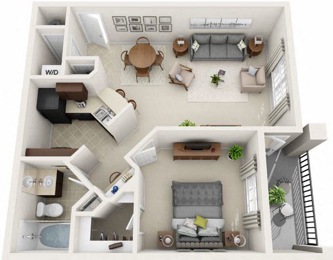 Floor plan for 1 bed, 1 bath, 822 sqft