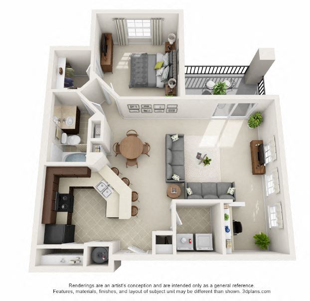 Floor plan for 1 bed, 1 bath, 911 sqft