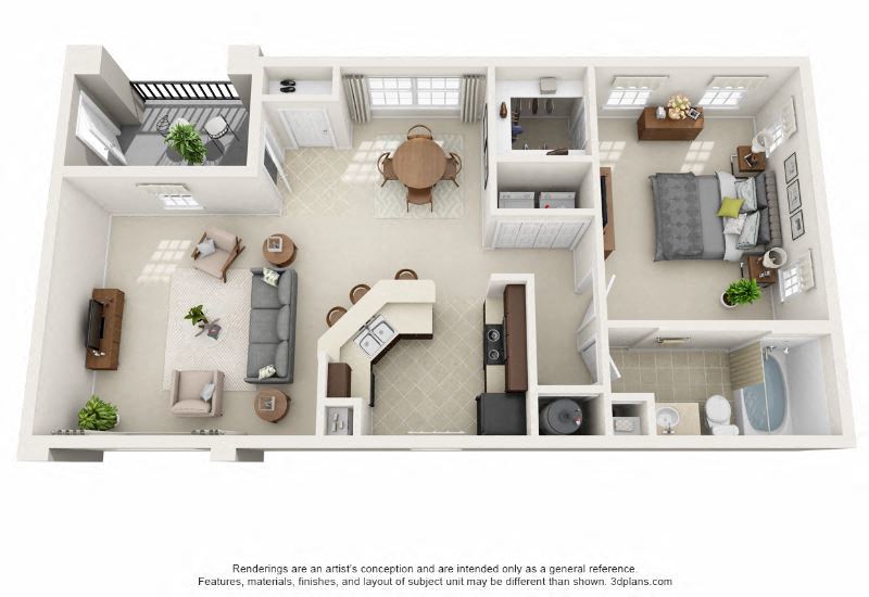 Floor plan for 1 bed, 1 bath, 992 sqft