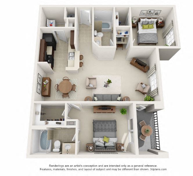 Floor plan for 2 beds, 2 baths, 1119 sqft