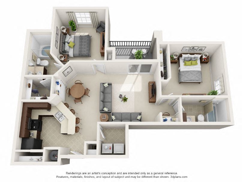 Floor plan for 2 beds, 2 baths, 1143 sqft