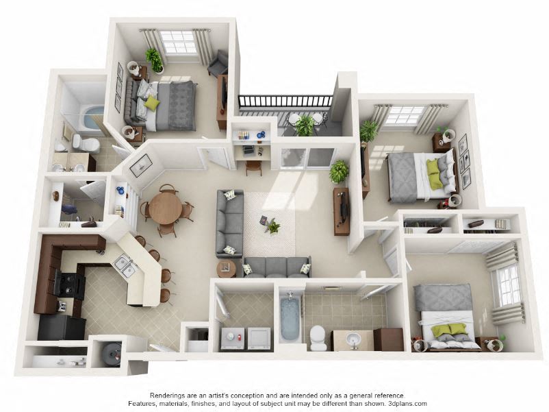 Floor plan for 3 beds, 2 baths, 1292 sqft