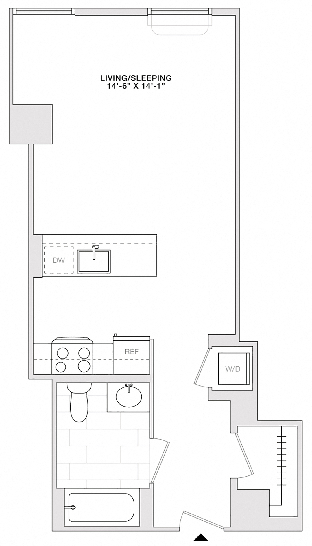 Floor plan for studio, 1 bath, 500 sqft