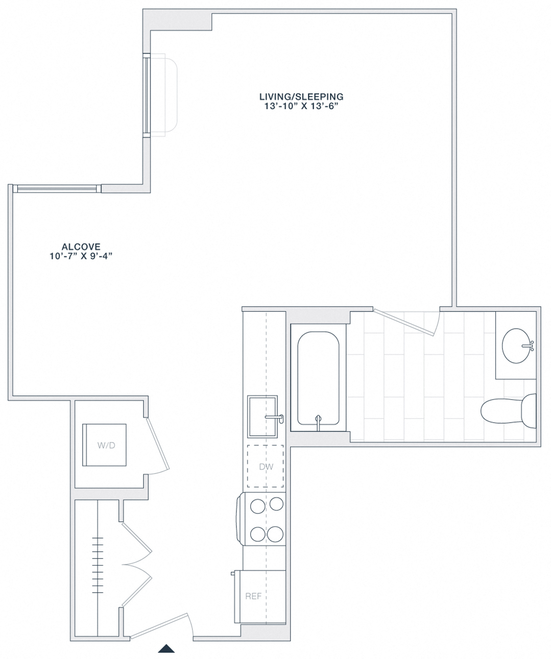 Floor plan for studio, 1 bath, 490 sqft