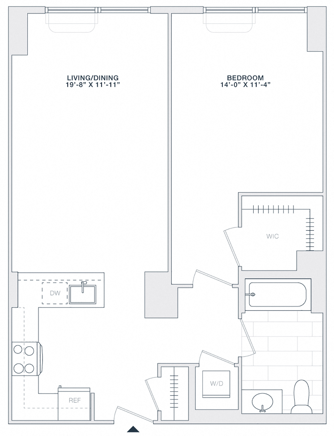 Floor plan for 1 bed, 1 bath, 760 sqft