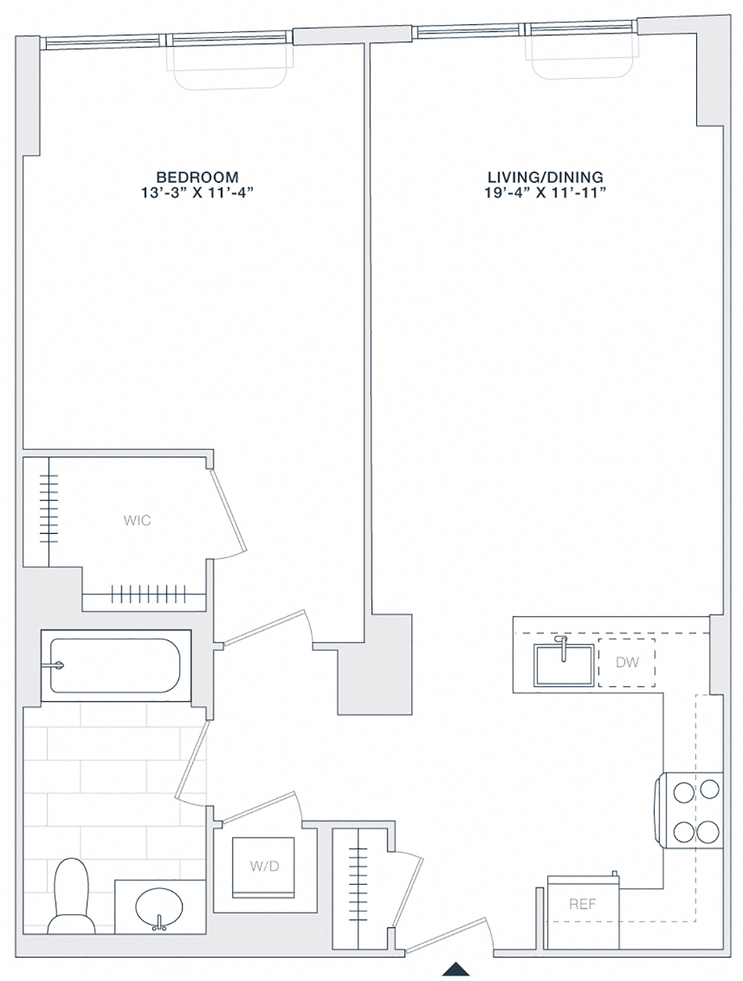 Floor plan for 1 bed, 1 bath, 750 sqft