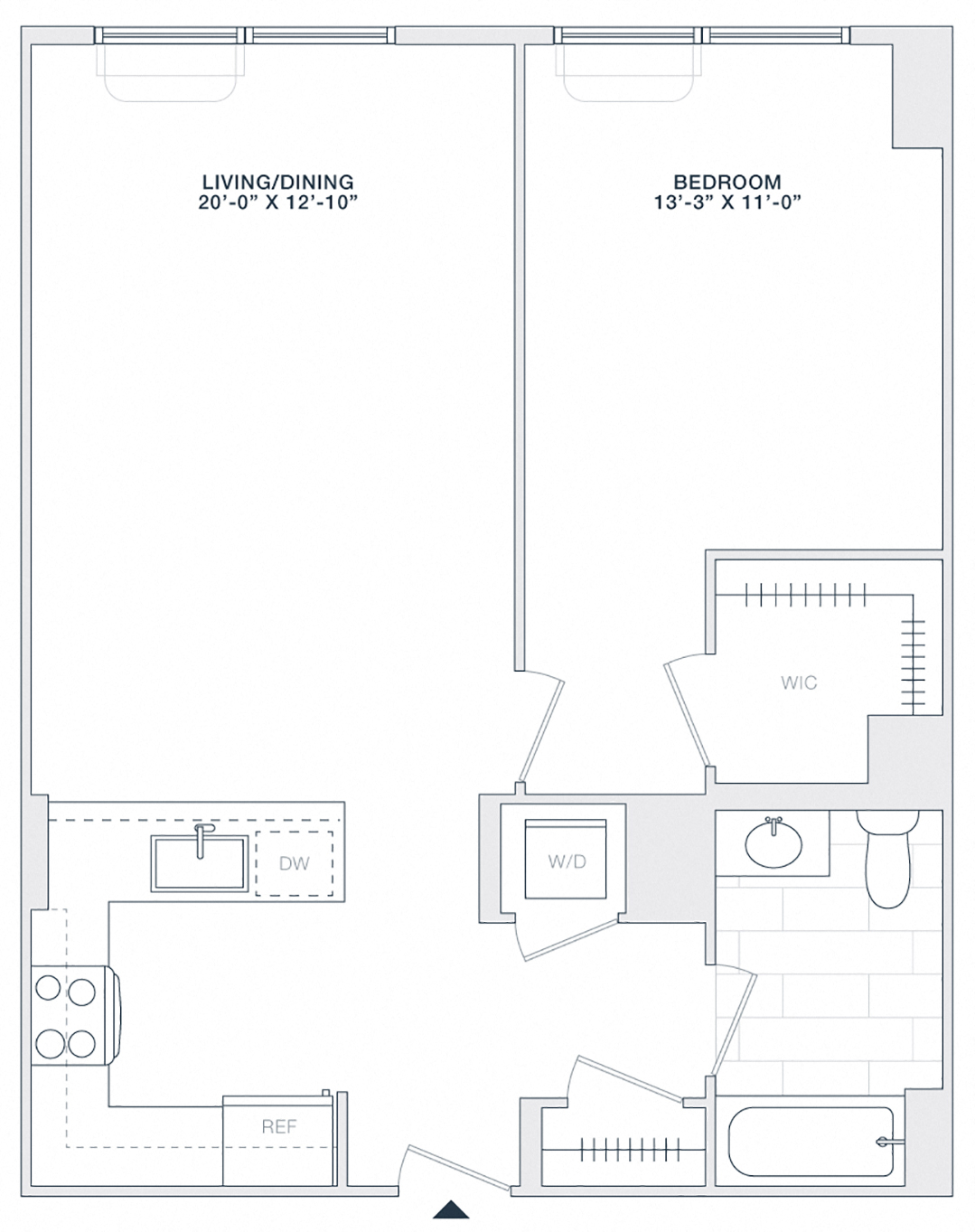 Floor plan for 1 bed, 1 bath, 765 sqft