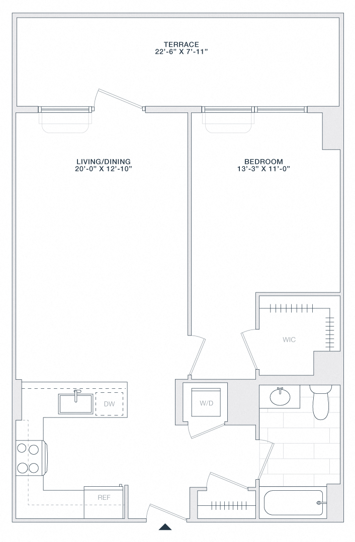 Floor plan for 1 bed, 1 bath, 765 sqft