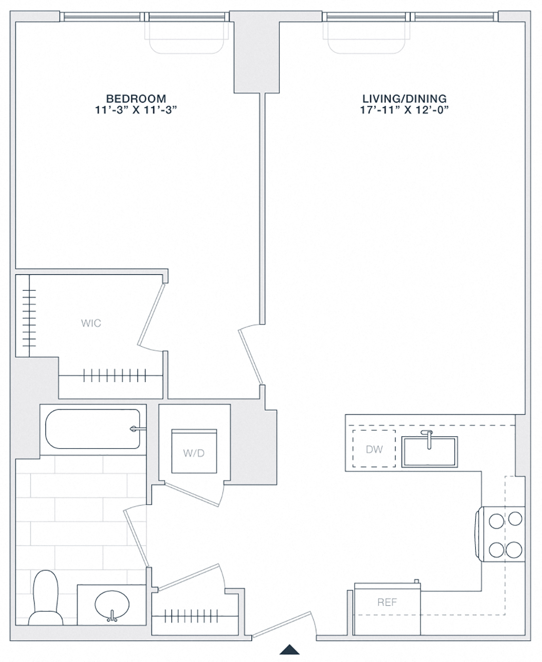 Floor plan for 1 bed, 1 bath, 700 sqft