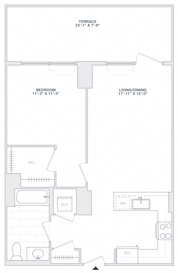 Floor plan for 1 bed, 1 bath, 700 sqft