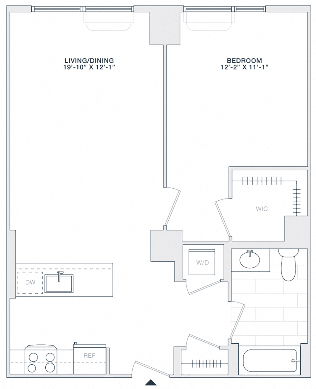 Floor plan for 1 bed, 1 bath, 710 sqft