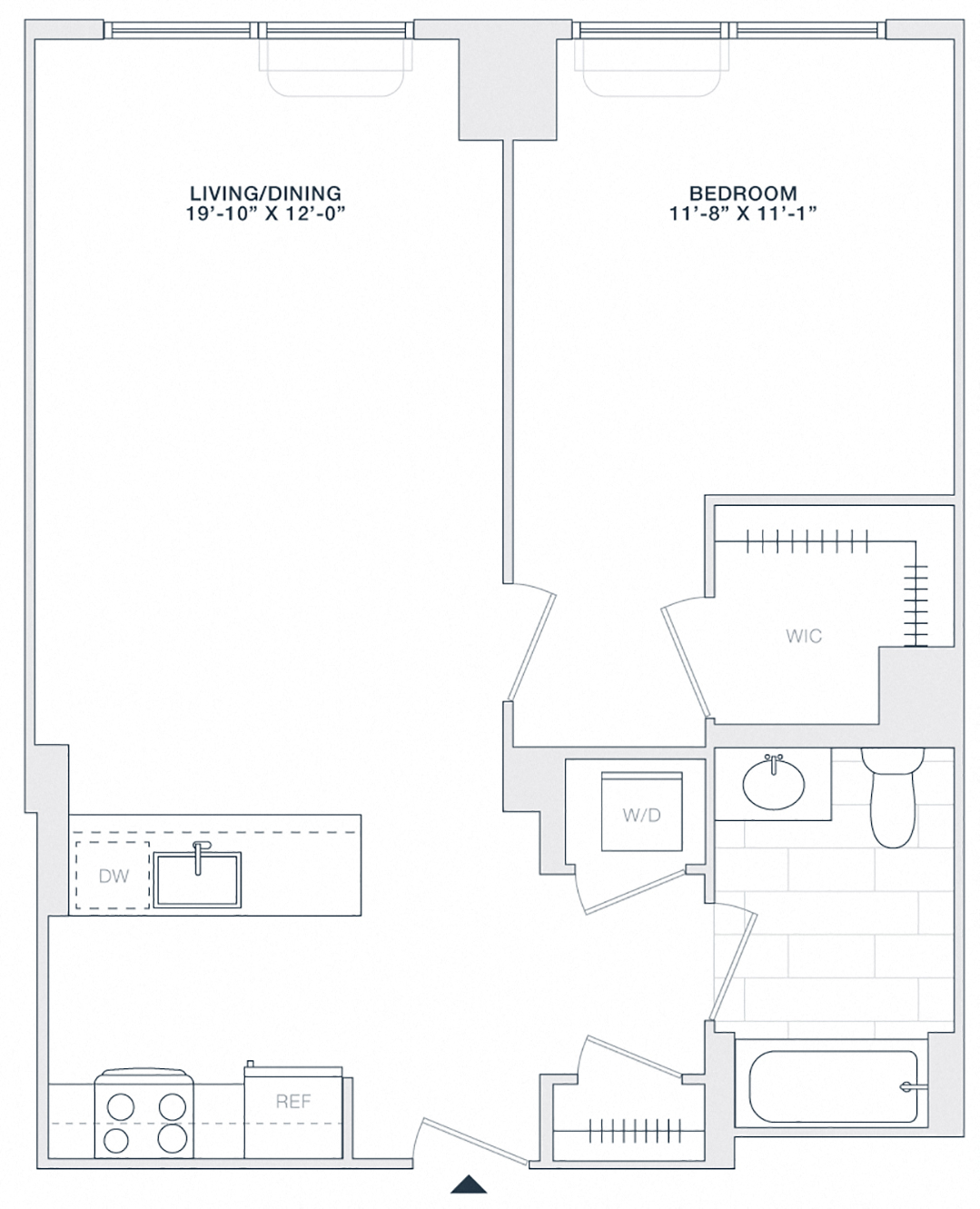 Floor plan for 1 bed, 1 bath, 710 sqft