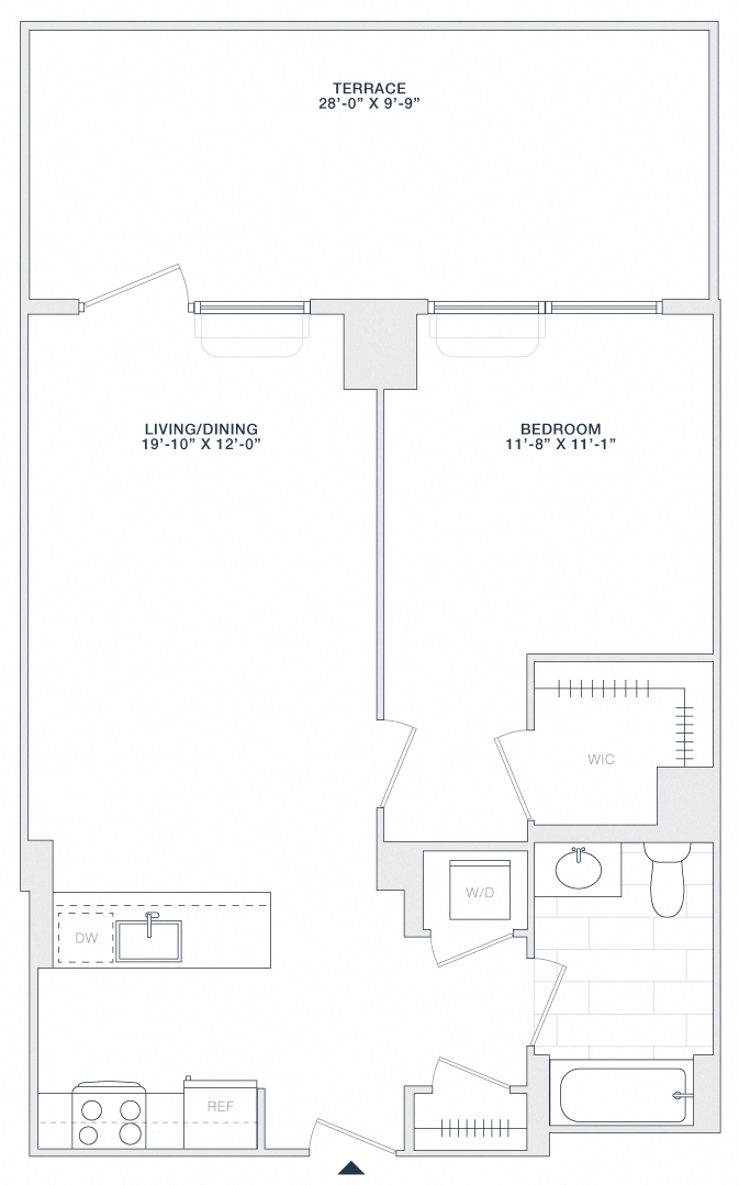 Floor plan for 1 bed, 1 bath, 700 sqft