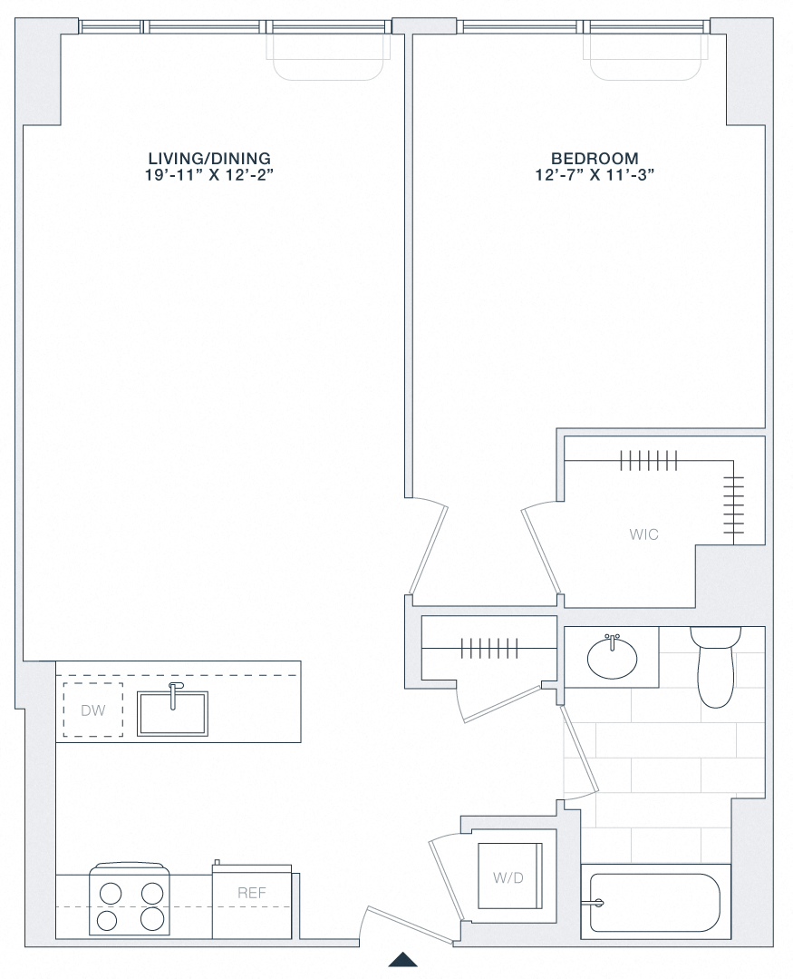 Floor plan for 1 bed, 1 bath, 715 sqft