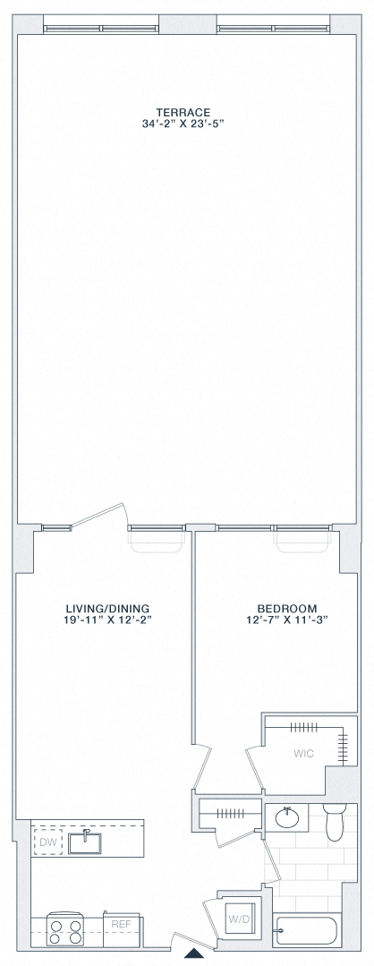 Floor plan for 1 bed, 1 bath, 715 sqft