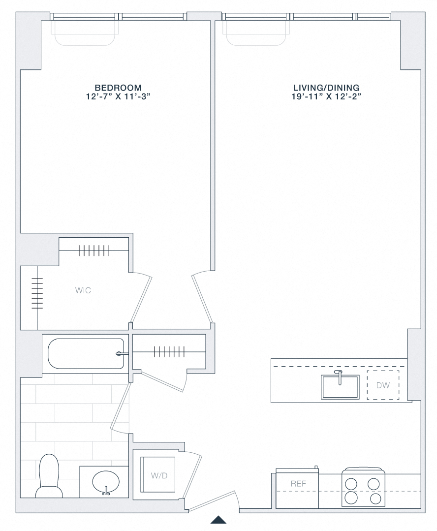 Floor plan for 1 bed, 1 bath, 715 sqft