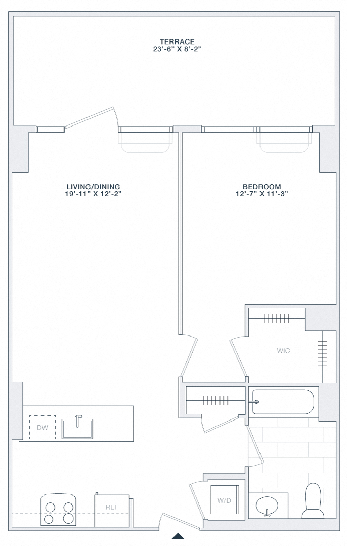 Floor plan for 1 bed, 1 bath, 715 sqft