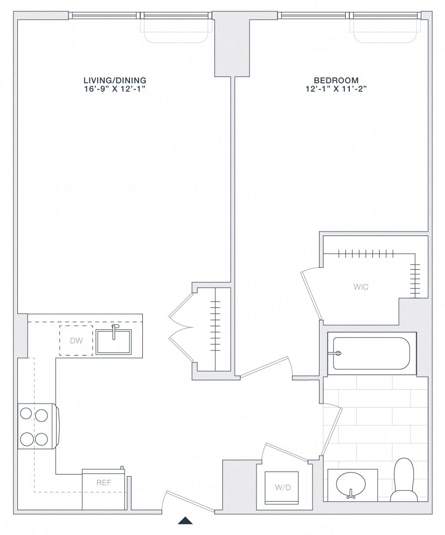 Floor plan for 1 bed, 1 bath, 695 sqft