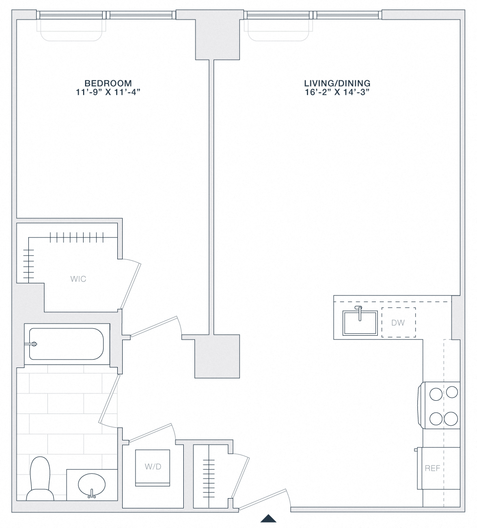 Floor plan for 1 bed, 1 bath, 790 sqft