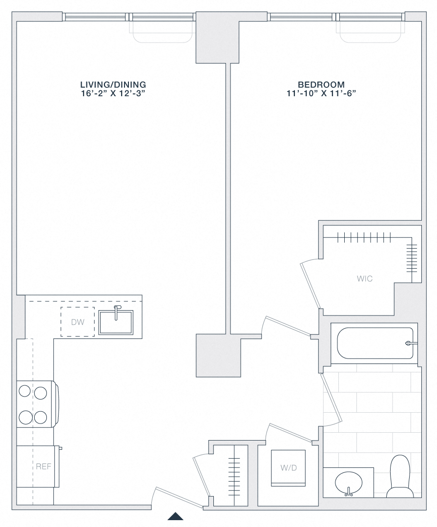 Floor plan for 1 bed, 1 bath, 740 sqft