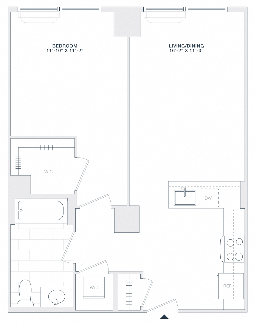 Floor plan for 1 bed, 1 bath, 700 sqft