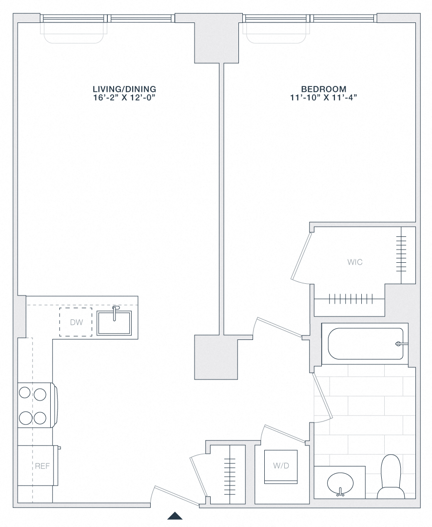 Floor plan for 1 bed, 1 bath, 700 sqft
