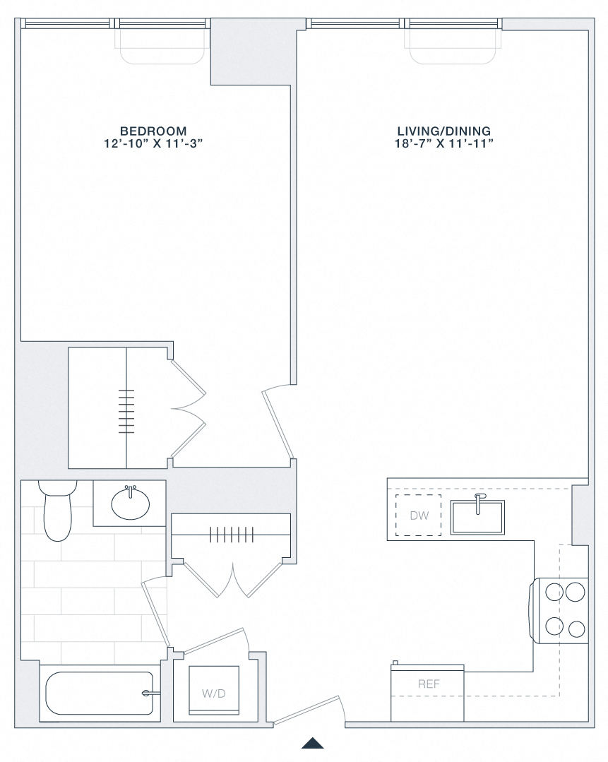 Floor plan for 1 bed, 1 bath, 700 sqft