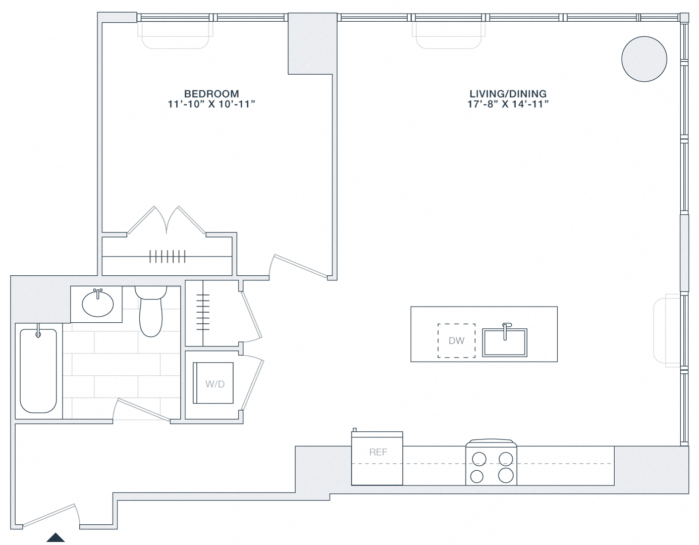 Floor plan for 1 bed, 1 bath, 815 sqft