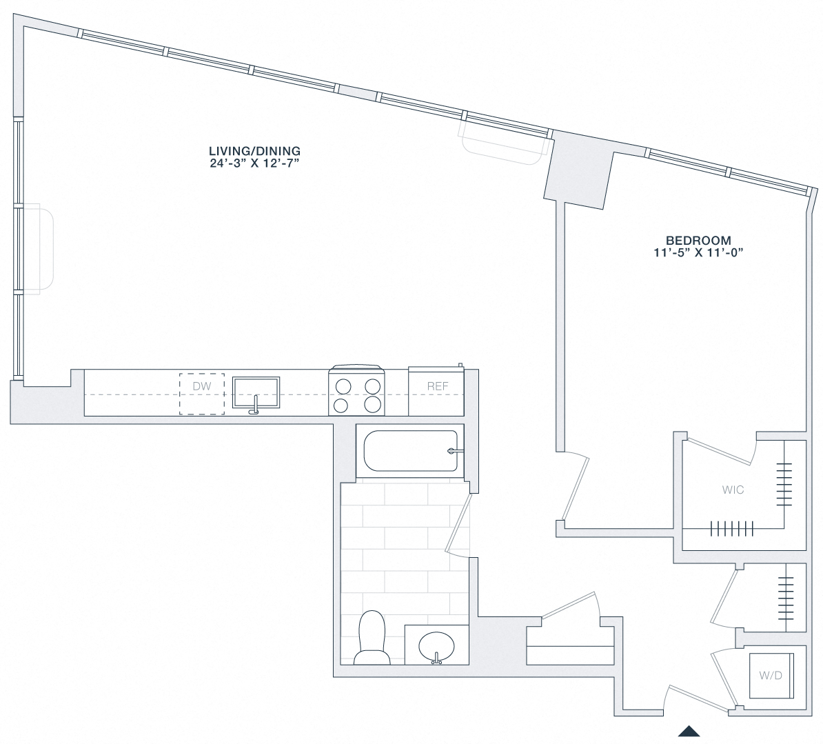 Floor plan for 1 bed, 1 bath, 800 sqft