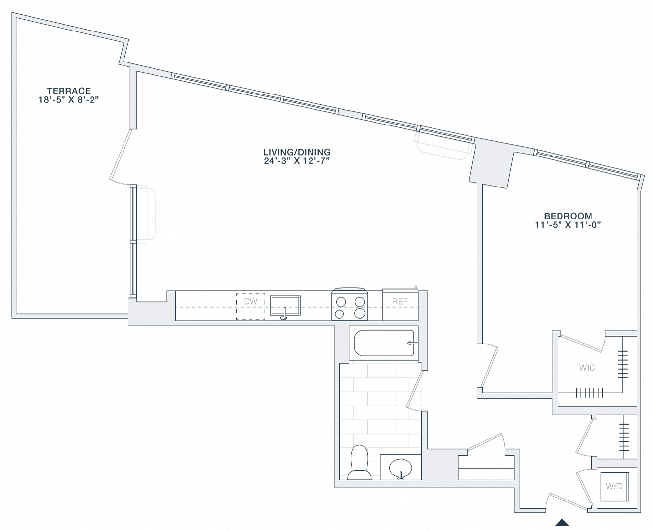 Floor plan for 1 bed, 1 bath, 800 sqft
