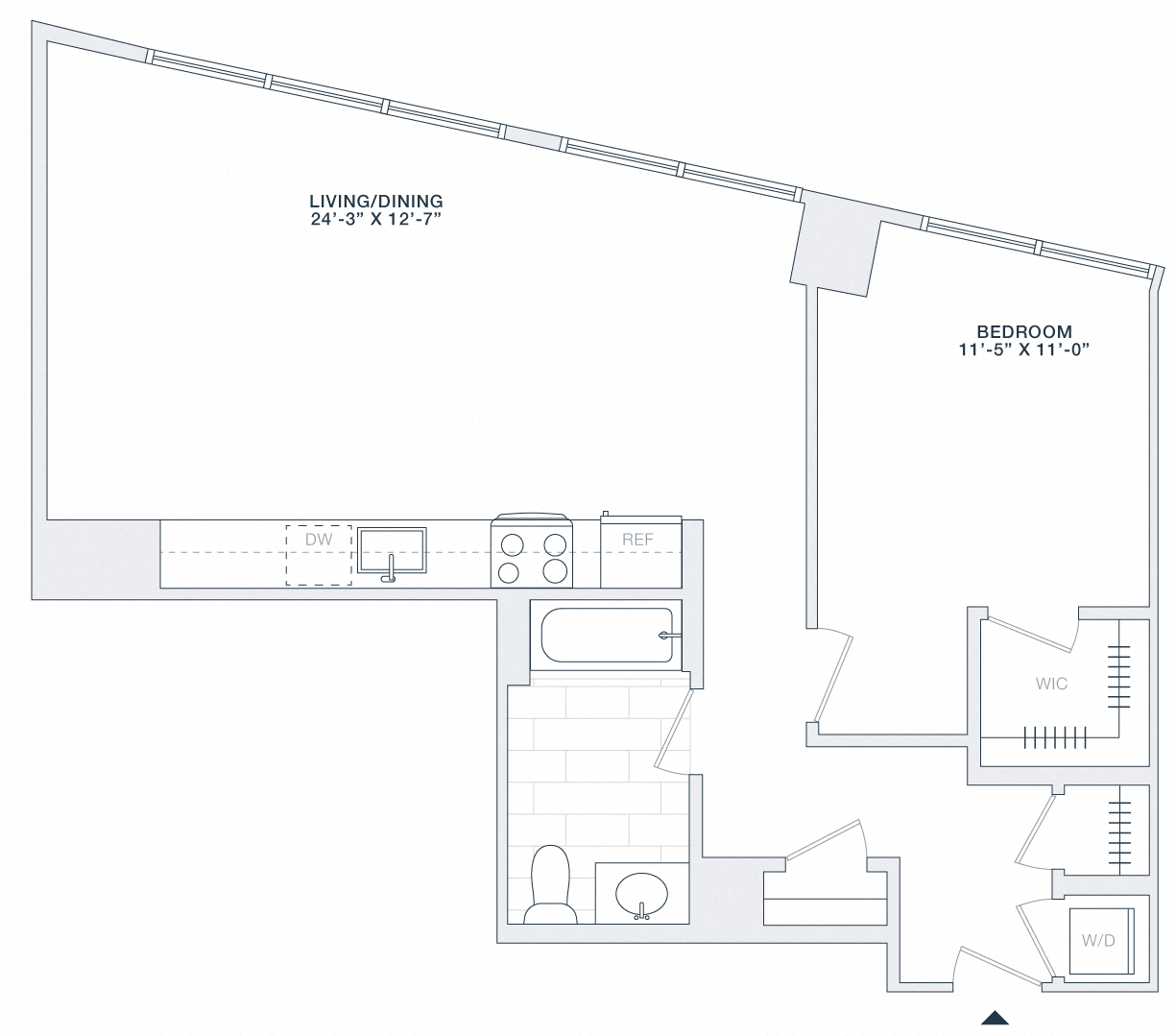 Floor plan for 1 bed, 1 bath, 800 sqft