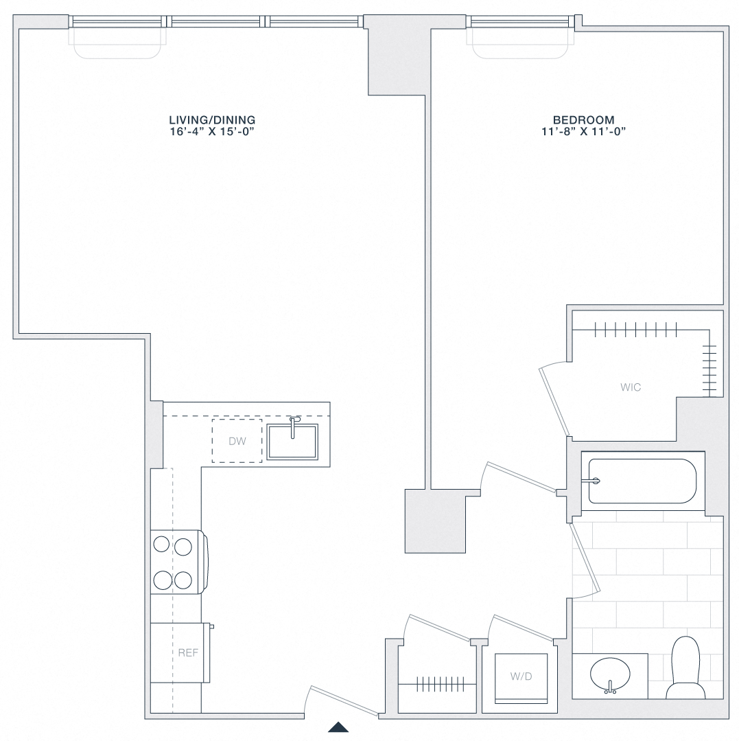 Floor plan for 1 bed, 1 bath, 730 sqft