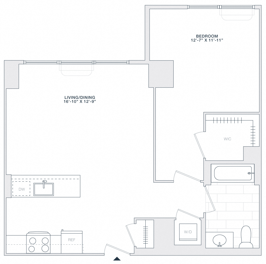 Floor plan for 1 bed, 1 bath, 740 sqft