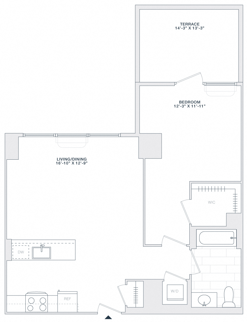 Floor plan for 1 bed, 1 bath, 750 sqft
