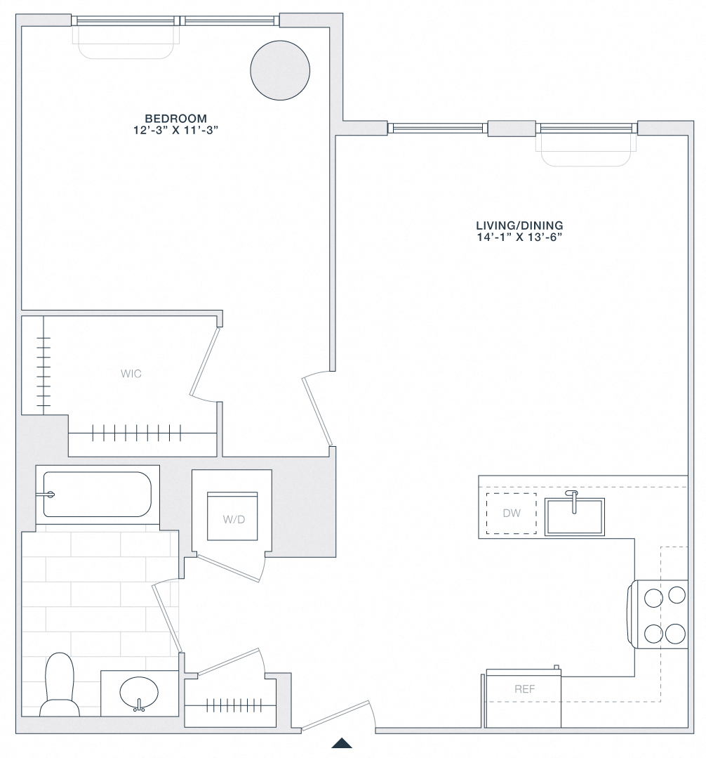 Floor plan for 1 bed, 1 bath, 780 sqft
