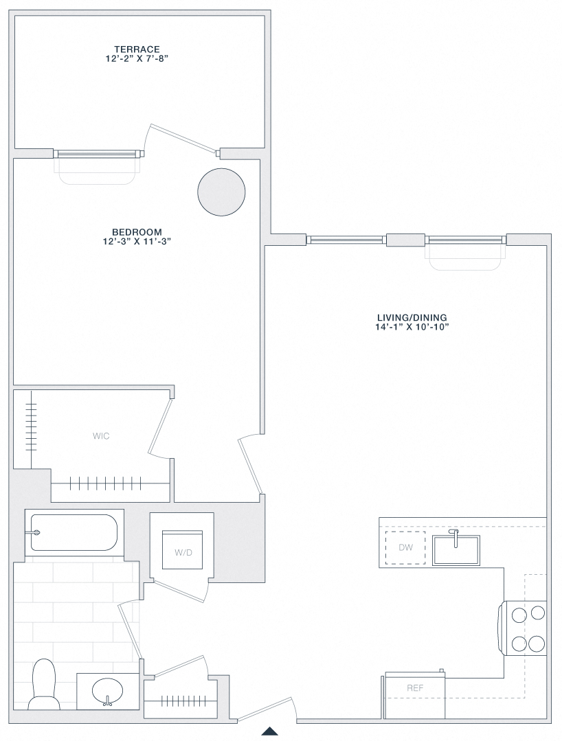 Floor plan for 1 bed, 1 bath, 720 sqft