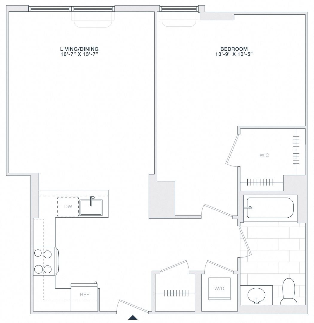 Floor plan for 1 bed, 1 bath, 760 sqft